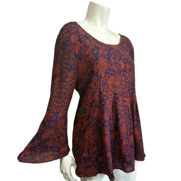 O’NEILL Lianne floral pleated babydoll top bell sleeves cobalt rust sz medium - Picture 3 of 14